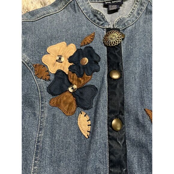 SML Sport Jean Jacket Floral Fall Buttons Embroidered Patchwork Medium - Picture 3 of 5